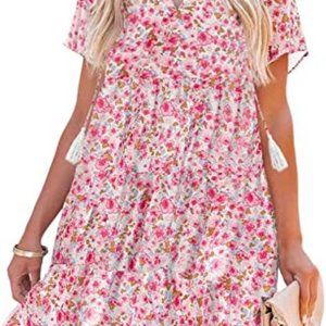 Women's Summer Boho Floral Casual V Neck Short Sleeve Ruffle Hem A-Line Dresse